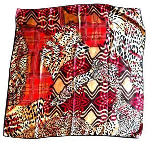 Silky polyester scarf large square black white red gold animal print geometric